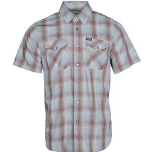 NWT Dixxon Flannel Dawn Patrol Brown Blue Plaid Bamboo Pearl Snap Short Sleeve